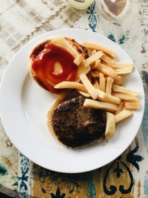 home-grilled cheeseburger with fries