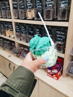  mint chocolate chip and bright neon green bubblegum icecream
