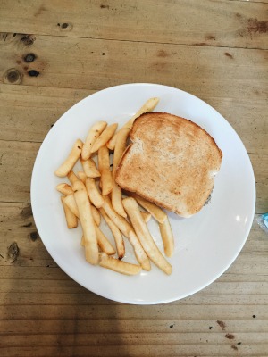 sandwich served with a serving of fries