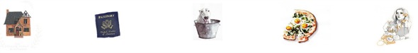 watercolor icons of a house,passport
		 ,dog in a metal bucket,pizza and an illustration of a girl on her phone